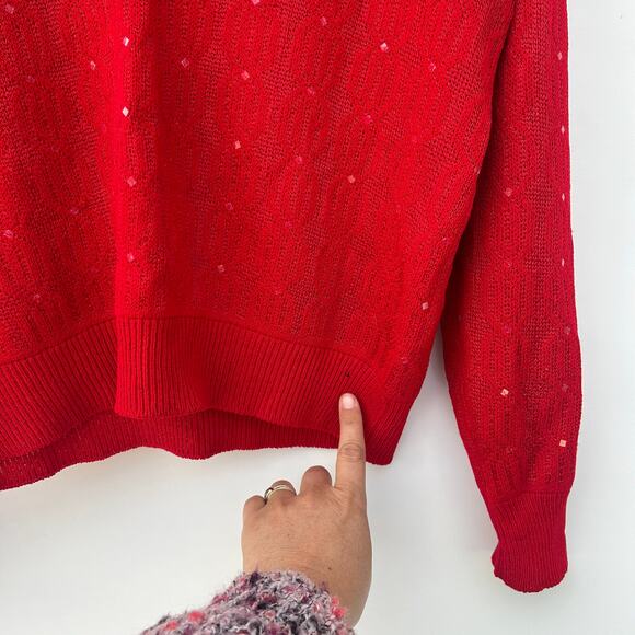 St. John Sport Red V-Neck Sequin Wool Sweater Medium Sparkle Knit Pullover - Picture 12 of 13